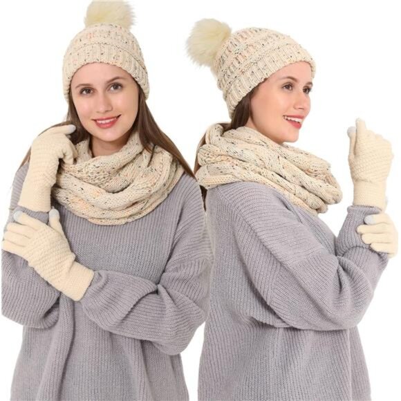 3pcs Women's Winter Beanie Hat Scarf and Touch Screen Gloves Set - Picture 5 of 5